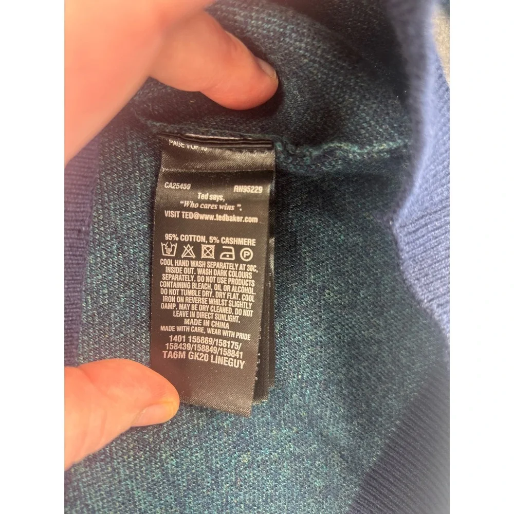 Ted Baker Mens L Sweater Cashmere Geometric Teal Navy Crewneck Academia Preppy